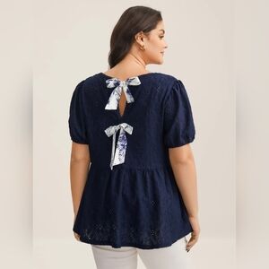BNWT Bloomchic Navy Back Tie Bow Lace Peplum Top 14‑16 Romantic Boho